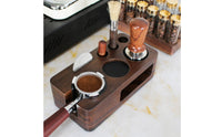 Solid Wood Espresso Station with Silicone Feet Walnut-Colored Espresso Station with Tool Slots Rectangular Tamper Stand Compact for Home Baristas