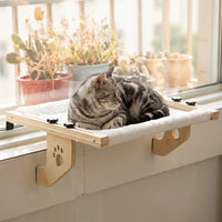 Hanging Cat Bed Window Hammock, Foldable Wood Frame Indoor Perch Sturdy for Balcony or Floor, Hooks Over Windowsill Space Saving Furniture