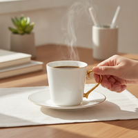 Bone China Coffee Cup and Saucer Set with Gold Rim, Customizable Logo, Ceramic Teacup for Cafe