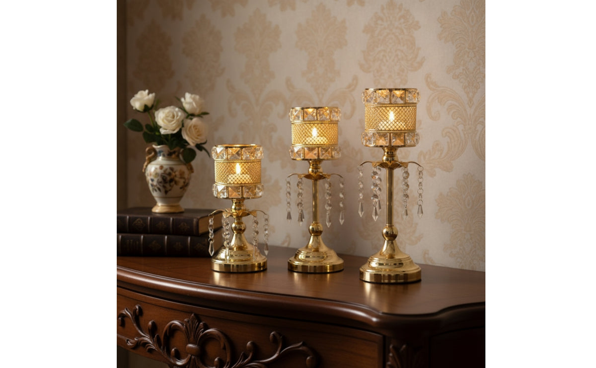 3 Pieces Candlestick Holder with Crystal Beads Decorative Candle Stands Textured Mesh for Mantel Display