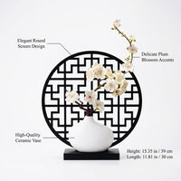 New Chinese Decorative Screen Ornament, Wood Tabletop Decor for Living Room, Artificial Plum Blossoms Home Decor, Geometric Art Gift for Friends