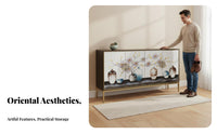 New Chinese design Painted Shoe Cabinet Landscape Painting Design Storage Furniture Wrought Iron Frame Console Table Handmade for Interior Designers, Apartment Dwellers, Entryway, Hallway, Home Decor, Living Room