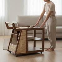 Solid Wood Mobile Side Table with Rattan Multi-Layer Storage Wooden Rolling Cart with Handle Movable 2-Tier Utility Trolley Large Capacity for Living Room, Kitchen, Home Bar