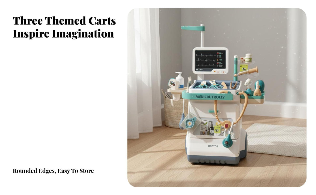 Realistic Details Simulation Toy Trolley Set Rich Accessories Kids Role Play Cart Movable Wheels Themed Toy Push Cart Safe Materials for Children, Preschoolers, Toddlers, Preschool, Playroom, Daycare, Home