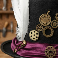 Brass Gear Accents Steampunk Top Hat Feather Plume Felt Top Hat Velvet Band Headwear Vintage-Inspired