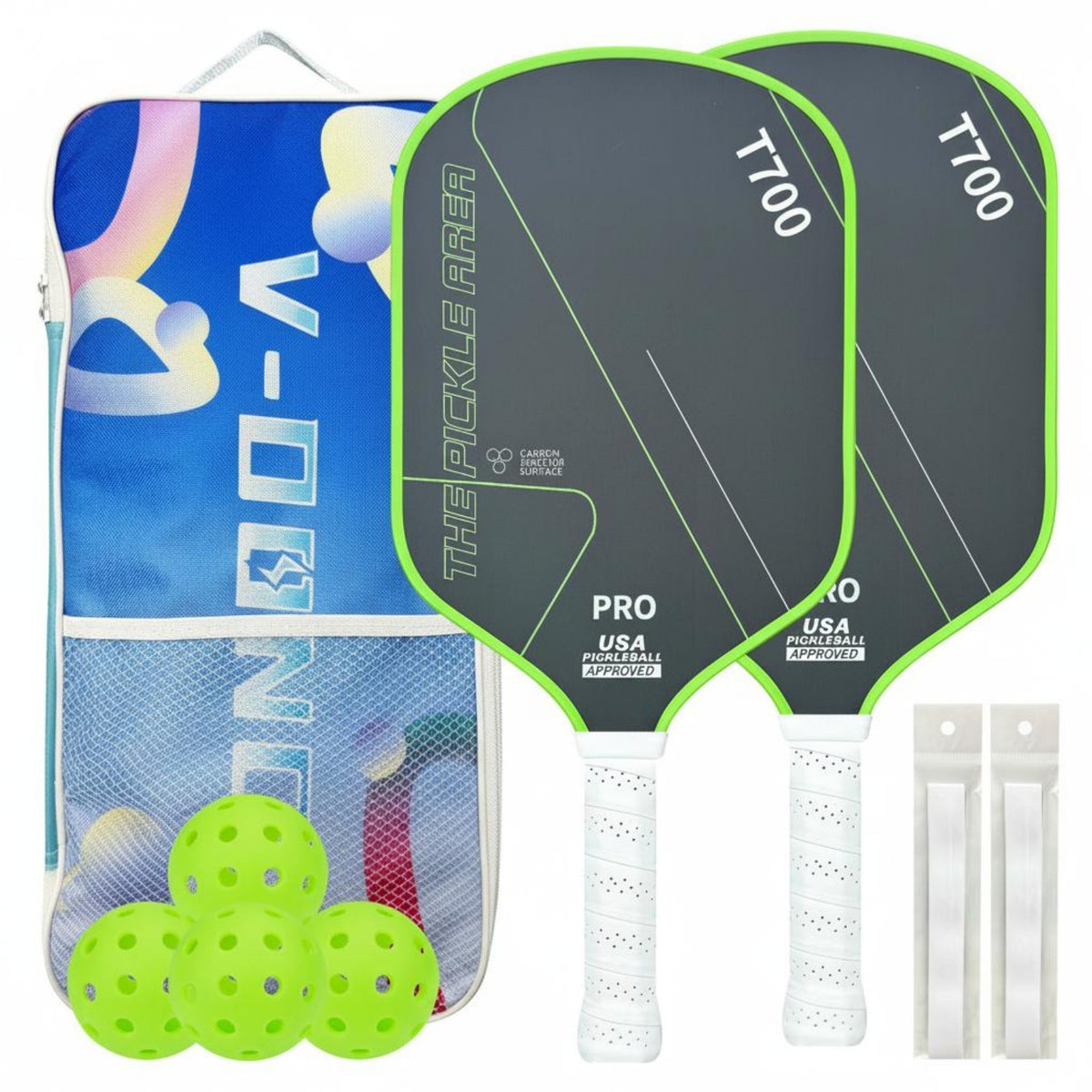 Ergonomic Grip T700 Carbon Pickleball Paddle Set Rough Textured Surface Pickleball Set 2 Paddles 4 Balls USAPA Approved Lightweight for Outdoor