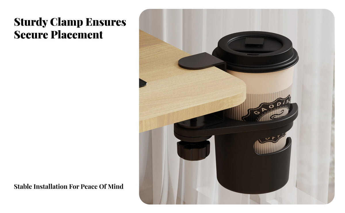 Desk Cup Holder Clamp Space Saving Clip on Desk Cup Holder Easy to Install Office Accessory for Students, Computer Users, Bedside, Chair Armrest