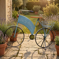 Wire Basket Distressed Iron Two-Wheeler Blue Retro Two-Wheeler Ornament Spoked Wheels Iron Bike Ornament Embossed Lettering for Courtyard, Landscape Display, Villa, Kindergarten