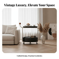 Zen Minimalist stylistic 2-Tier Rolling End Table Mobile with casters Household Furniture Vintage Inspired Serving Trolley Space-Saving Design for Apartment Dwellers, homeowners, Students, Living Room, Small areas, Home Office, Dining Area