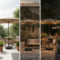 Half Patio Umbrella with Solar Lights SPF 50+ Sun Protection Wall-Side Umbrella with Base areaSaving for Balcony, Courtyard