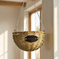 Plant Pots for Indoor Plants in a Round Hanging Basket, Hand-Woven Wicker Basket with Hanging Chain, Rustic Style Hanging Planters, 1 Pack Single