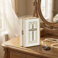 White Book-Shaped Jewelry Box Gold-Tone Trim Cross Jewelry Box Textured Cover Keepsake Case Clear Rhinestone