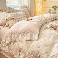 Pure Cotton Korean Design Duvet Cover Set Machine Washable Lace Trim Comforter Cover Set Romantic Princess Design Bedding Breathable for College Students, Teen Girls, Young Adults, Dorm Room, Bedroom