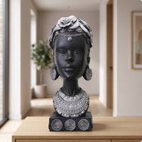 African Woman Bust Statue Afrocentric African Lady Bust Ornate Figurine with Earrings and Necklace for Art Collectors, Living Room, Bookcase