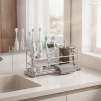 Toothbrush Holder with Slots Rust-Resistant Washroom Countertop Rack Multi-Compartment Storage Rack with Perforated Tray for Vanity
