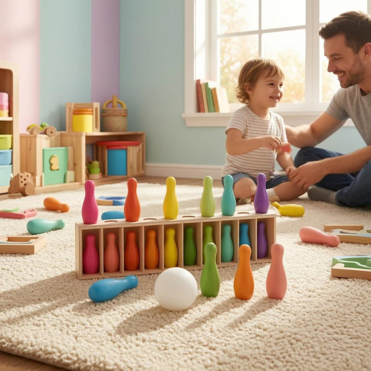 Slotted Storage Bowling Matching Toy Colorful Children's Bowling Set Painted Finish Wooden Pin Rack Set Rounded