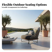 4 Pieces Rattan design 4-Piece Woven Loveseat and Chair collection Weather withstandant 4-Piece Seating Arrangement Includes upholstered pads Outdoor Furniture Modern Design for Families, Homeowners, Adults, Garden, Balcony, rearyard, waterside