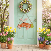 Easter Bunny Welcome Sign Wooden Carrot Door Hanger Rustic Hanging Plaque Decoration for Front Door Home Spring Garden Party