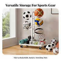 Space Saving Ball Storage Rack Versatile Basketball Stretching Mat Rack Easy Assembly Multi-Tier Sports Equipment Holder Heavy Duty for Families, Kids, Home Gym, Playroom