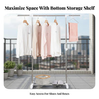 Stainless Steel Adjustable Drying Rack Extendable Single Rod Clothes Rack Foldable Portable Clothes Stand with Shelf Modern Simple Design for Homeowners, Students, Shop Owners, Balcony, Bedroom, Dorm Room, Entryway