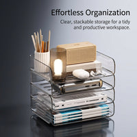 Clear Desk Storage File Organizer, 4-Tier Stackable Document for A4 Paper, Workspace Organization for Office Home School