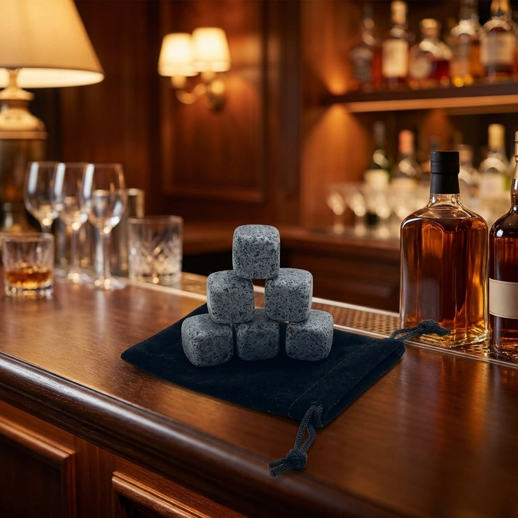 Home Bar Gift Set with 6 Whisky Stones, Premium Gift for Men and Whisky Chilling Rocks, Reusable Ice for Drinks, Essential Set Without Tongs