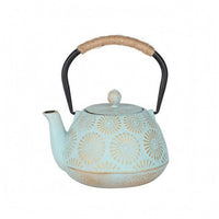 Cast Iron Teapot Rope Wrapped Handle Floral Relief Teapot Gold Rim