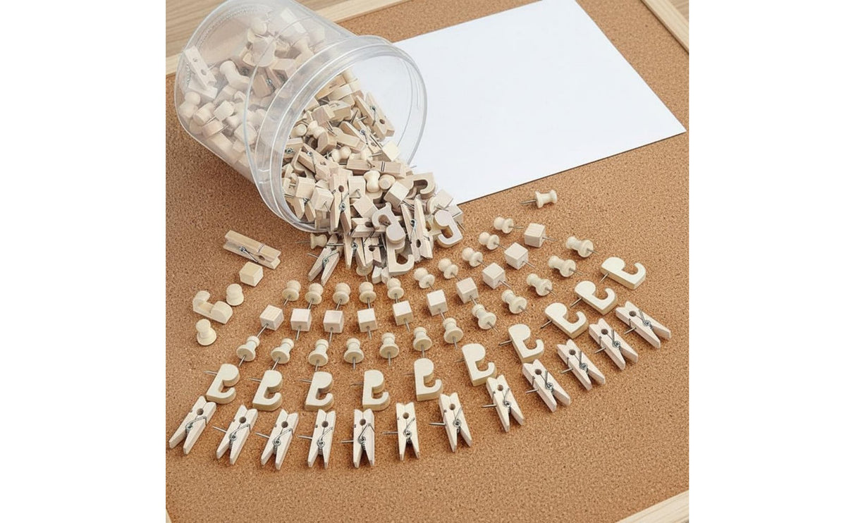 50 Pieces Wood Pushpin and Clip Set Multi-Style Cork Board Pin Assortment Reusable Assorted Wooden Pushpins for Teachers, Classroom, Home Decor