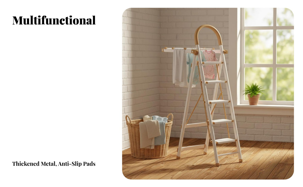 Foldable Ladder Clothes Rack Space-Saving Multi-Purpose Ladder Anti-Slip Climbing Equipment Portable for Homeowners, DIY Enthusiasts, Indoors, Balcony, Apartment, Kitchen