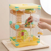 Hamster Cage with 3 Levels, Rectangular Japanese Style Hamster Habitat, Indoor Pet Cage and House with Exercise Wheel for Dwarf Hamster Use