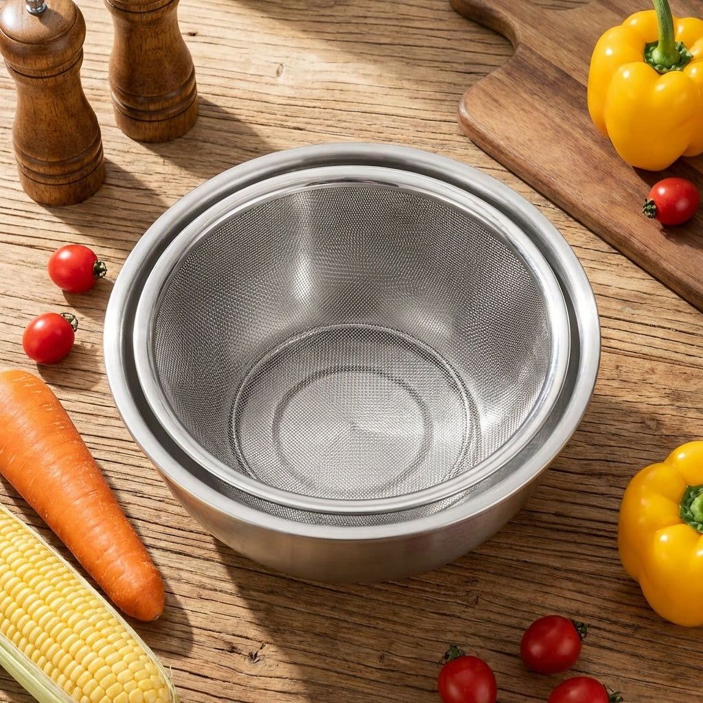 Stainless Steel Bowl and Strainer Set, Thickened Mixing Bowl for Whisking Bowl and Salad Bowl, Modern Minimalist Style for Home Kitchen Use