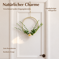 Wooden Bead Wreath Spring Door Wreath, Pastoral Decorative Wreath for Front Door, 22x30cm Bow Wreath with Artificial Flowers, Country House Style