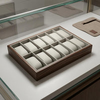 Walnut-Grain Watch Display Tray Padded Wooden Watch Tray Rectangular Accessory Storage Compartmented
