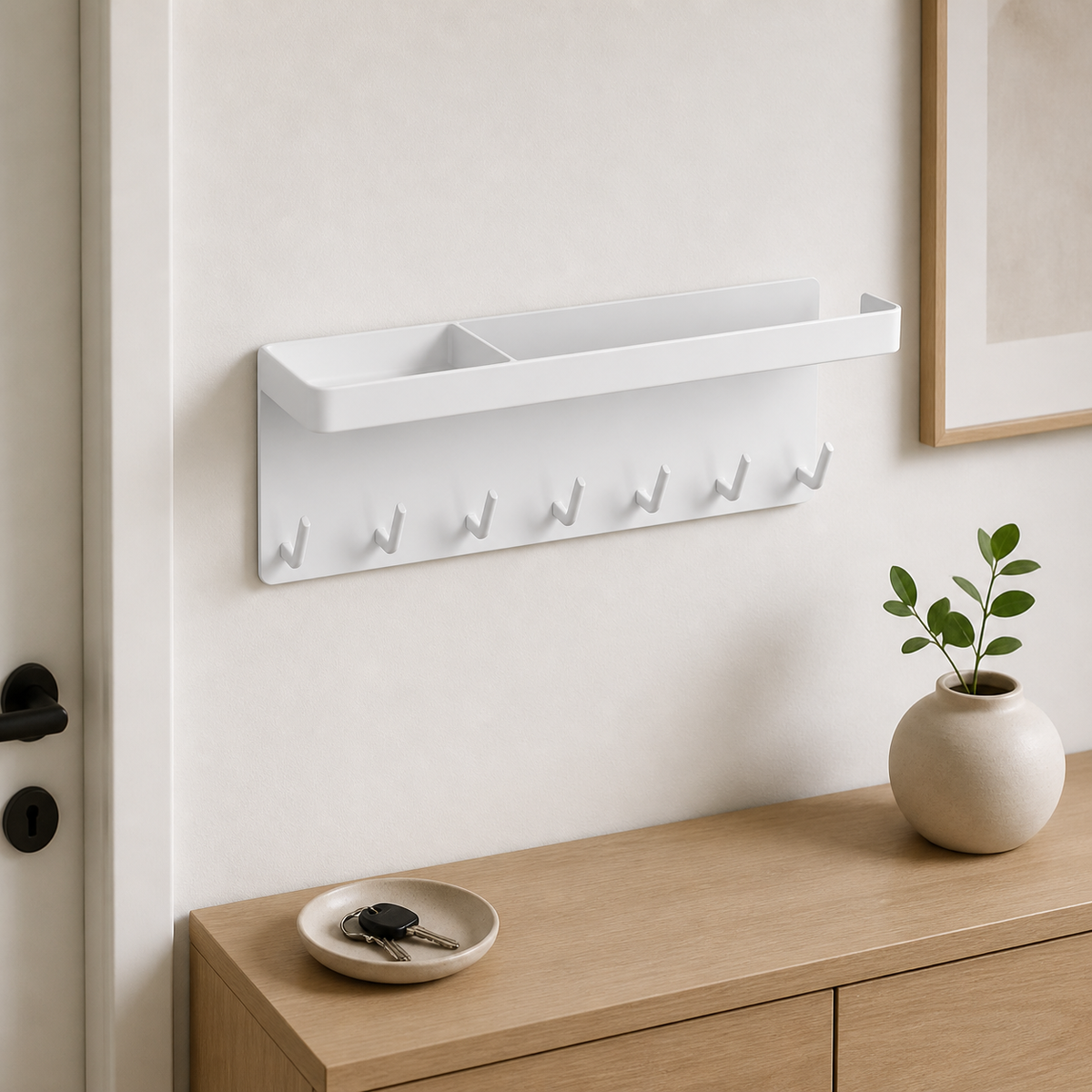Metal Wall Mounted Key Holder with Shelf, Carbon Steel Key Hanger, Suction Cup Hook for Kitchen, 9.5cm x 7cm x 28cm, 1 Tier
