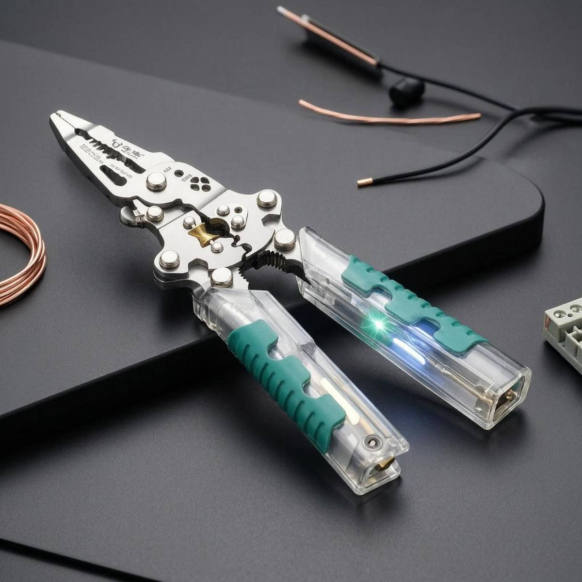 Multifunction Wire Stripper Spring-Loaded Multi Tool Wire Stripper Voltage Test Pliers Transparent Handles Voltage Tester Pliers