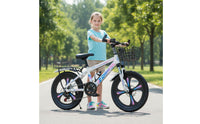 Shock Absorbing Front Fork Student Cycle with Disc Brakes High-Carbon Steel Frame Kids Mountain Bike Anti-Slip Tires Children's Cycle with Basket Lightweight Metal Alloy Wheels for Girls