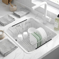 Extendable Dish Rack Kitchen Sink Organizer, Adjustable Stainless Steel Dish Rack with Utensil Holder, Space Saving Modern Minimalist Style Use