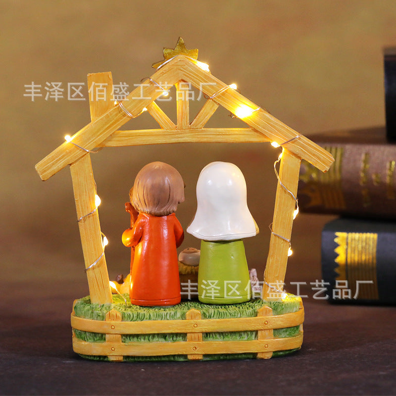 Cartoon Nativity Manger Scene Resin Craft with Light for Christmas Gift