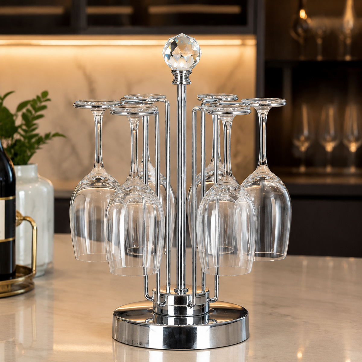 Gold Wine Glass Holder, Metallic Countertop Stemware Rack for 6 Glasses, Home Bar Accessories for Entertaining