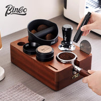 Bincoo Solid Wood Multi-functional Tamper Base Set for Espresso Machine, with Distributor and Knock Box