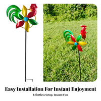 Multicolor Chicken Wind Spinner Painted Finish Metal Garden Stake Ornament Circular Frame Chicken Stake Ornament Pronged Support for Lawn, Courtyard