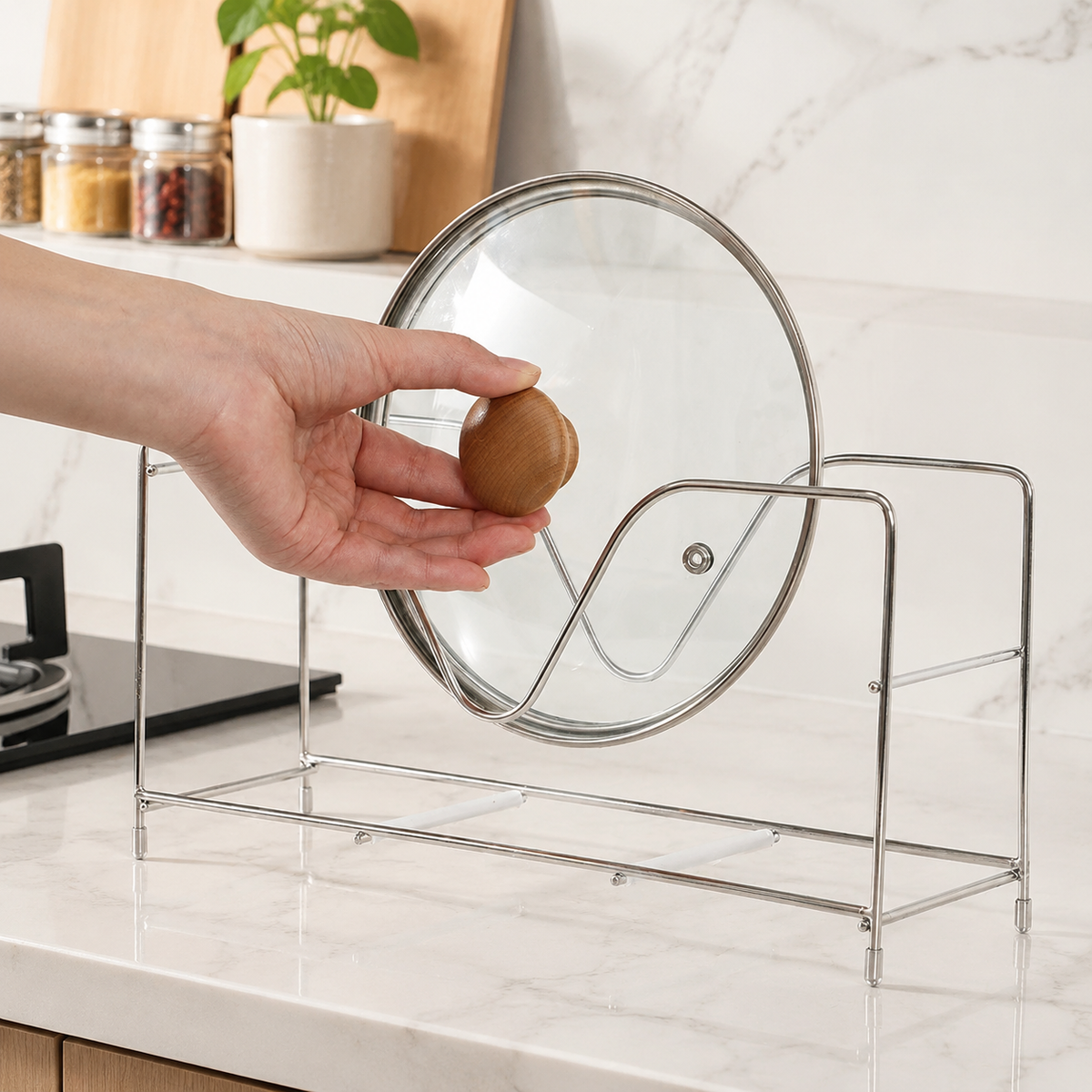 Stainless Steel Lid Stand, 31x15x14cm, Under Sink Storage, Frying Pan Rack, Compatible with Cutting Boards, Modern Kitchen Organizer