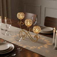 Elegant Swirl Shape 3-Arm Candelabra Ornamental Design Crystal Candle Holder Light Reflection Gold Metal Candelabra for Dinner Table, Dining Room