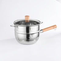 Baby Food and Milk Pan Stainless Steel Pot for Cooking, Hammered Stainless Steel Soup Pot with Steamer, Small Saucepan with Lid, Wood Handle