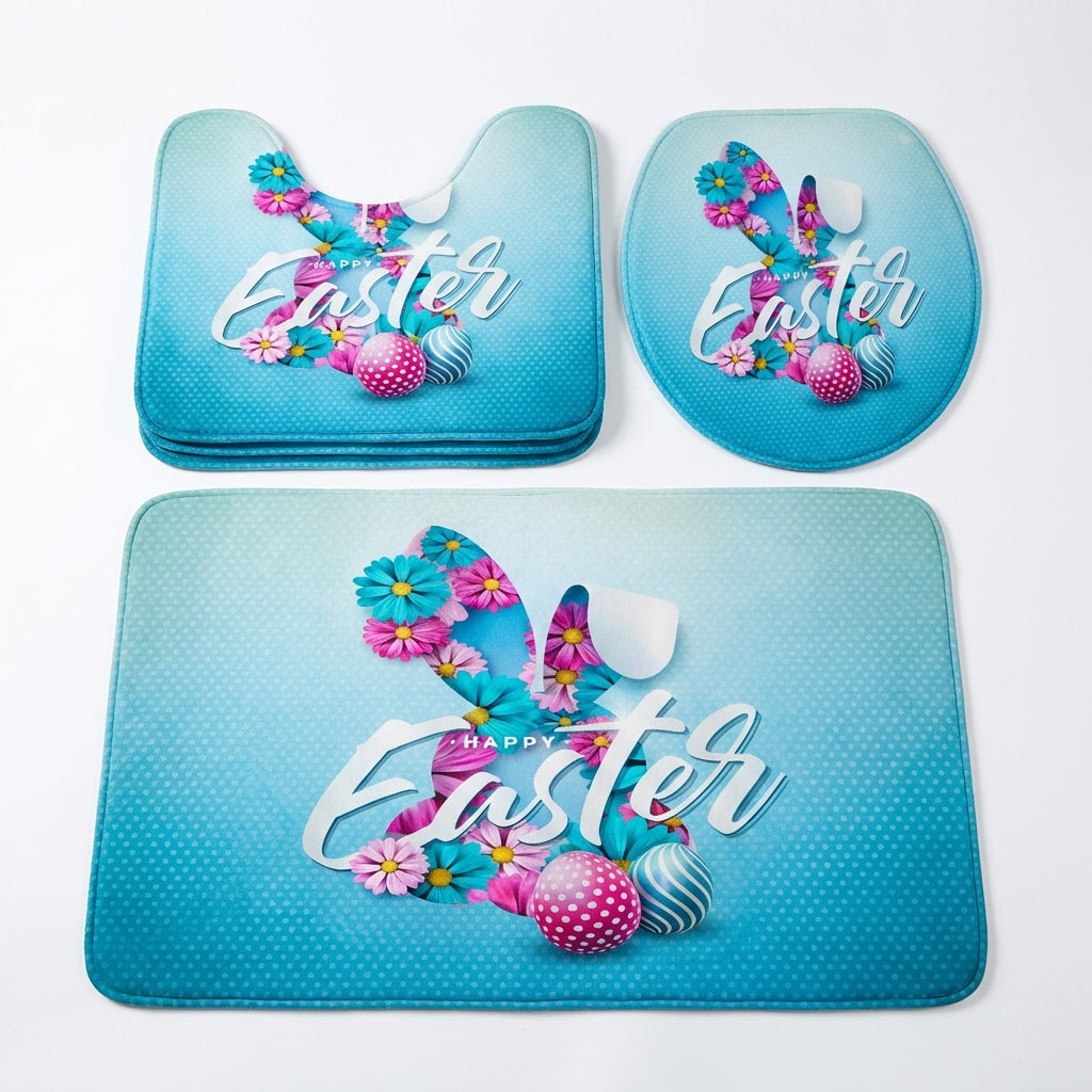 Easter Theme Bunny Lavatory Set Decorative Shower Curtain and Mat Set Waterproof Home Decor for Families, Homeowners, Dorm Room
