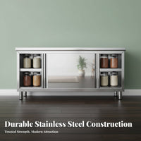 Rustproof Stainless Steel Work Table Cabinet Easy to Clean Heavy Duty Prep Table Sliding Doors Adjustable Feet Kitchen Cabinet with Sliding Doors Waterproof for Restaurant Employees, Home Cooks, Hobbyists, Hotel, Warehouse, Workshop, Garage