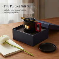 Custom Logo Black Gold Ceramic Mug with Stirring Rod and Vertical Stripes for Valentine's Day