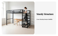 Dormitory Loft Bed Nordic Design Metal Loft Bed with Desk Space Saving for Young Adults, Teenagers, Small Areas, Studio Apartment, Home Office