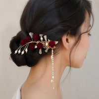 Red Rose Hairpin Tassel Side Clip for Cheongsam Hanfu Daily Wear