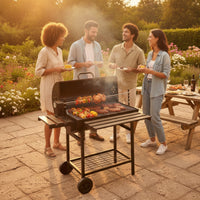 Briquette Grill with Lid Outdoor Briquette Grill with Side Shelf Adjustable Barbecue with Wheels for Families, Backyard, Patio, Camping